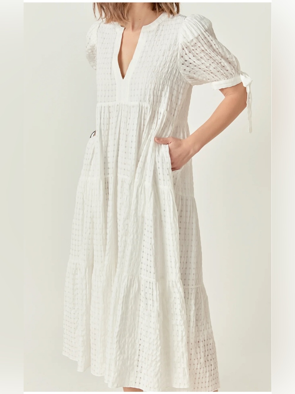 English Factory Gingham Tiered Midi Dress Puff Bow TieSleeves VNeckHN657D Medium - Picture 12 of 15
